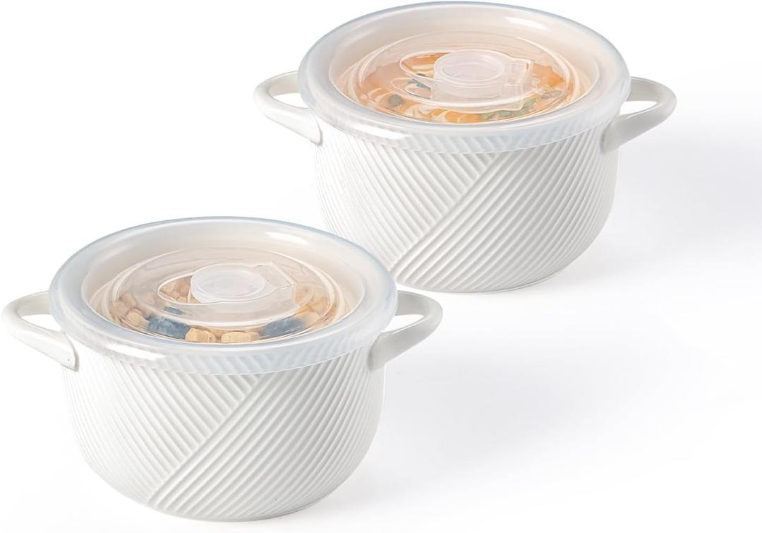 French Onion Soup Bowls: 24 oz Ceramic Soup Crocks with Handles & Silicone Lids - Microwave Safe Containers for Ramen Cereal Breakfast Meal Prep Office Lunch, Set of 2, 5 inch, White