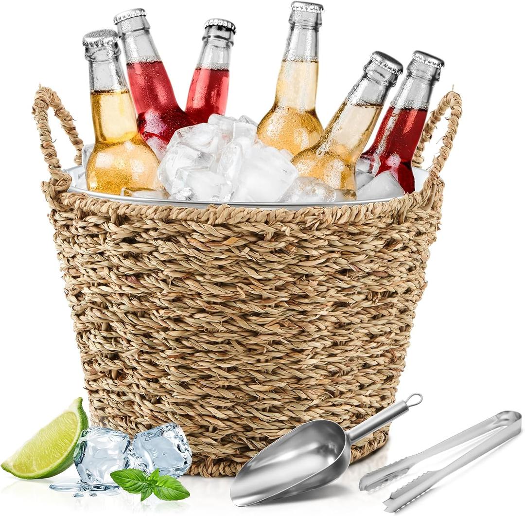 5 Quart Ice Bucket with Wicker Outer Basket, Scoop, Tong and Handle, Beverage Tub Grass Rope Woven Farmhouse Galvanized Bucket for Party Seaside Bar Buffet Wine Beer Bottle (10.83 x 10.83 x 7.48 inches)