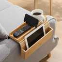 LemonRoad Bamboo Sofa Armrest Tray Couch Arm Tray with Cup Holder Foldable & Anti-Slip Base Couch Organizer for Drinks, Phone, Remote Control, Snacks, Fits Most Couches, 16.3 x 13.6 x 2 Inches