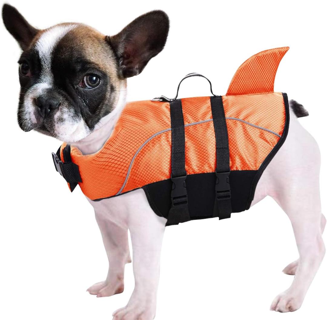 Queenmore Ripstop Dog Life Jacket Shark Life Vest for Dogs, Safety Lifesaver with High Buoyancy and Lift Handle for Small and Medium Breeds, Orange, Size: L