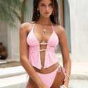 ZAFUL Halter Swimsuits for Women Textured Backless 2 Piece Bathing Suits Cheeky High Cut String Tie Side Bikini Sets (Pink, M)