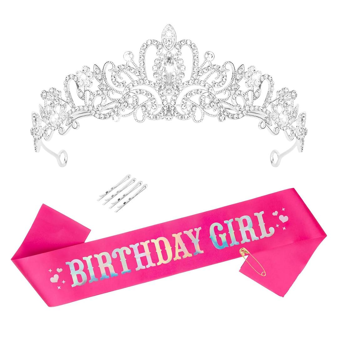 CIEHER Birthday Sash and Tiara Set for Girls - Pink Princess Birthday Party Accessories