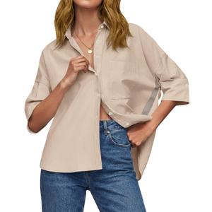 Cicy Bell Womens Summer Oversized Button Down Shirts Half Sleeve V Neck Business Casual High Low Tops Loose Fit Blouses