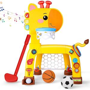 Ancaixin 4-in-1 Toddler Basketball Hoop & Soccer Goal with Golf Ring-Toss, Toys for 1 2 3 Year Old Boys Girls, Montessori Musical Sports with Light Toys for Baby 12-18 Months, Christmas Birthday Gifts (Yellow)