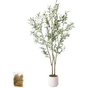 Olive Trees Artificial Indoor,Fake Olive Tree 6FT Tall 1Pack with White Planter Faux Silk Olive Tree for Home Living Room Office Decor Faux Artificial Plants Indoor with Fruit & Free Moss