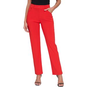 Oalka Women's Dress Pants Straight Leg Yoga Work Stretchy Pant for Office Business (Small, Red)