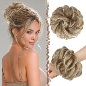 FESHFEN Large Messy Bun Hair Piece - Wavy Synthetic Chignon Scrunchies Elastic Ponytail Hair Extensions Thick Hairpieces for Women, Mixed Blonde and Ash Blonde Tips 1.94oz
