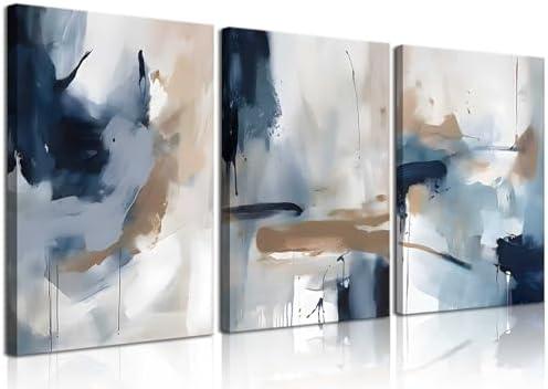 3Pcs Framed Navy Blue Wall Art Abstract Modern Brown Watercolor Canvas Posters Prints Minimalist Neutral Wall Decor Pictures for Living Room Bedroom Home Decoration 12x16in