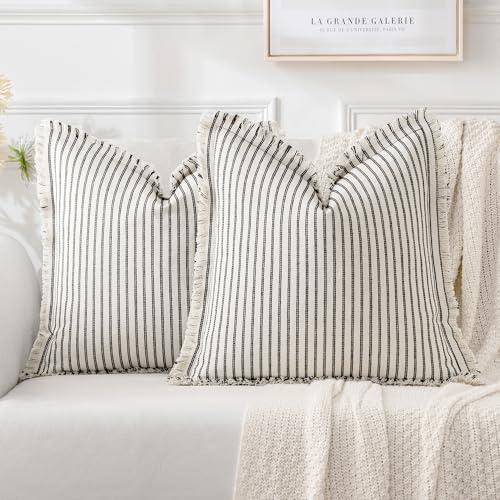 MIULEE Black Pack of 2 Pillow Covers 18x18 Inch Striped Farmhouse Couch Throw Pillow Covers with Fringe Chic Linen Decorative Cushion Covers for Sofa Living Room Bed Outdoor Home Decor