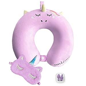 urnexttour Neck Travel Pillow for Kids, Unicorn Airplane Memory Foam Pillow with Cute Sleep Mask & Earplugs, Lightweight Travelling Sleeping Pillow Set for Car, Train, Bus and Home Use (Purple)