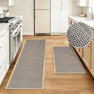 Kitchen Rugs Sets of 2,Non Slip Kitchen Mats for Floor,Thick Braided Vintage Kitchen Floor Mat Runner Carpet for Hallways Entryway Laundry Room Washable（Brown 17"x30"+17"x47"）