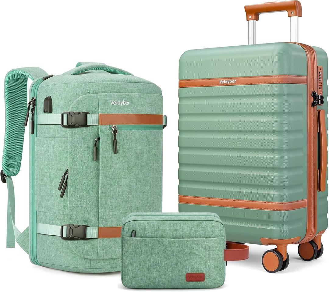 VelayborLuggage Sets 3 Piece with Spinner Wheels, Lightweight PC Hardside Suitcase with TSA Lock & YKK Zippers, 20 Inch Carry On Luggage with Travel Bag for Men and Women, Green