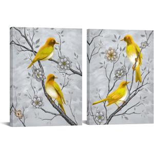 RyounoArt Yellow and Grey Wall Art Bird Pictures Gray Yellow Canvas Paintings for Kitchen Bathroom Wall Decor Ready to Hang 12 * 16 inch Each