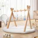 Wooden Baby Play Gym with Activity Mat, Foldable Baby Gym Frame with Hanging Sensory Toys for Newborn, Tummy Time Playground