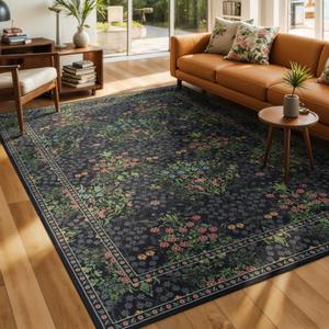 Lessymo Living Room Rug 5x7, Soft Non Slip Washable Area Rugs for Bed Room Dining Room, Faux Wool Boho Low Pile Stain Resistance Distressed Retro Indoor Boho Carpet, Dark Green