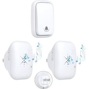 US Plug Self Powered Wireless Doorbell No Battery 100M Distance 38 Songs Door bell Button Outdoor Doorbell Wireless Waterproof for Home School Office (US White 1V2 A)