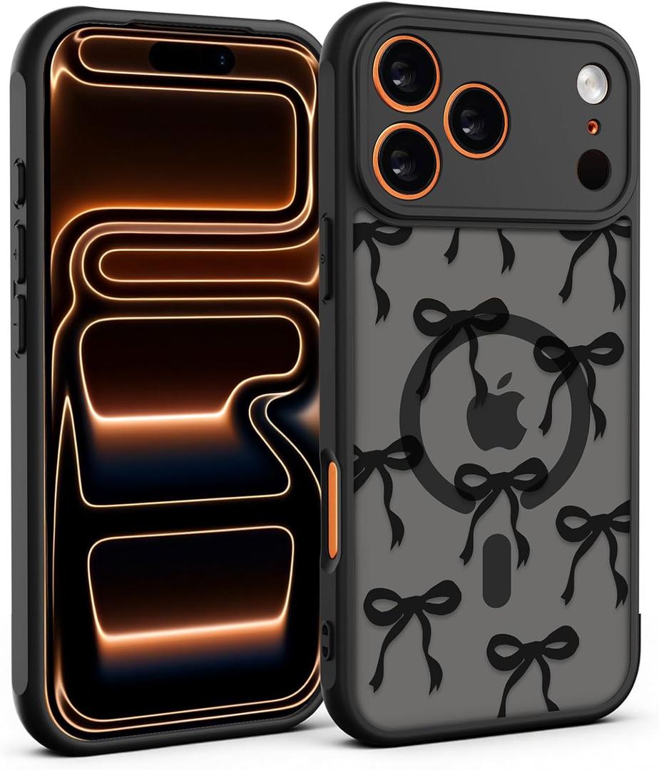 for iPhone 17 Pro Max Case, Black Cute Ribbon Bow Pattern Print Magnetic Case [Compatible with MagSafe] [Translucent Matte] Slim Shockproof Protective Bowknot Women Girls Phone Case