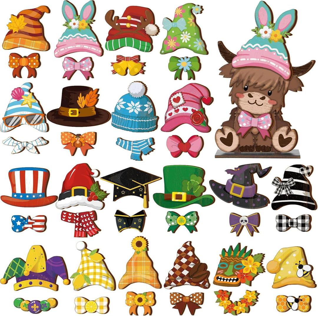 42 Pcs Interchangeable Easter Highland Cow Decor Holiday Highland Cow Seasonal Sign Farmhouse Rustic Wood Welcome Ornament Tiered Tray Decoration Desk Accessories for Home Office Gift