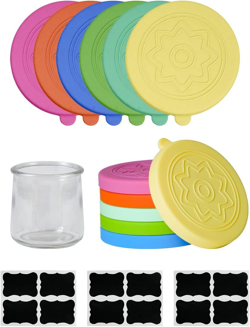 12 Pack Silicone Oui Yogurt Jar Lids with 12 Labels, Food-Grade Lids for 5Oz Oui Yogurt Jars, Reusable Silicone Canning Covers Perfect for Oui Yogurt Bottle(Jar not Includ) (Multicolor)
