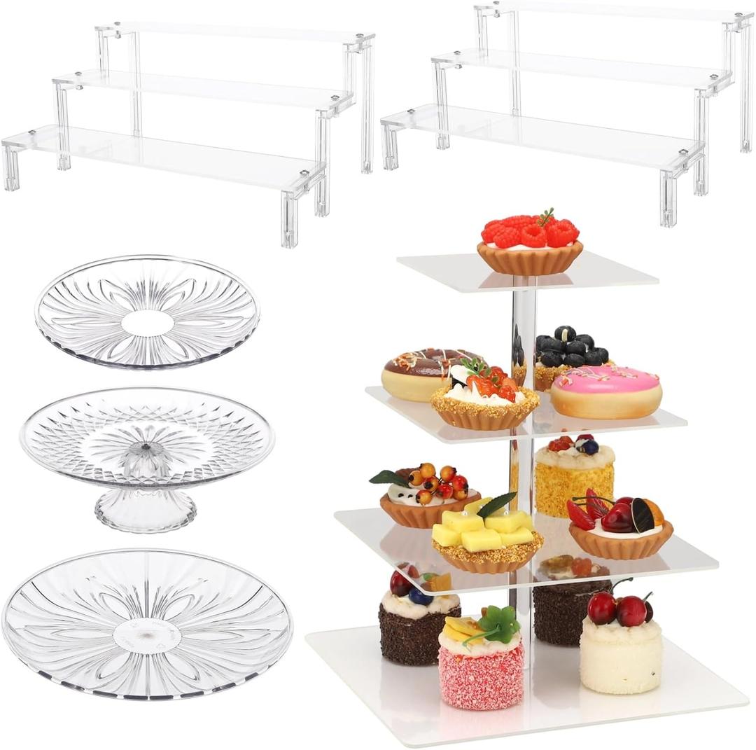 Dessert Cake Stands Set, Dessert Table Display Set:2 Display Risers 1 Pcs 4 Tier Cupcake Tower and 3 Clear Round Dessert Trays Cake Table Holder for Wedding Baby Shower Decor