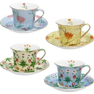 ACMLIFE Bone China Tea Cups and Saucers Set of 4, Floral Tea Cup Set for Tea Party, 8.8 oz, with Gold Trim and Gift Box
