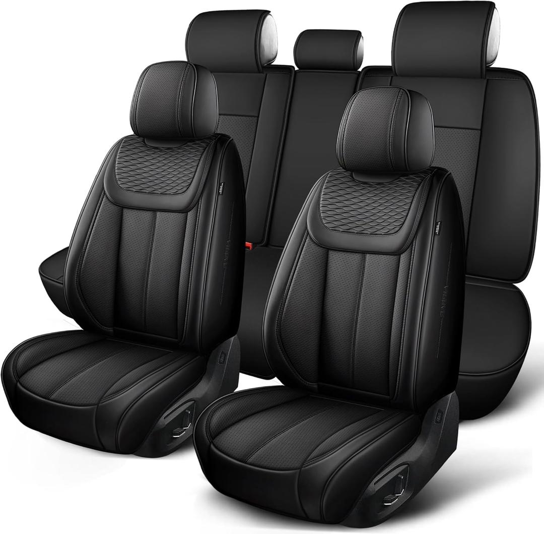 Ifwohao Leather Car Seat Covers Full Set, Black Car Seat Covers, Car Seat Protector Accessories Universal Fit Most Vehicles