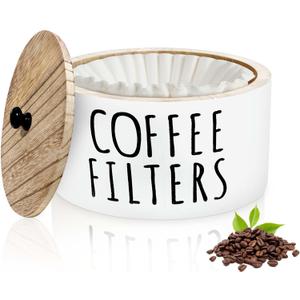 KAYIN Coffee Filter Holder, 78oz Wooden Container with Bamboo Lid, Round Organizer for Filter, Coffee Bar Decor Accessories, 6.3"  6.3"  3.54", White