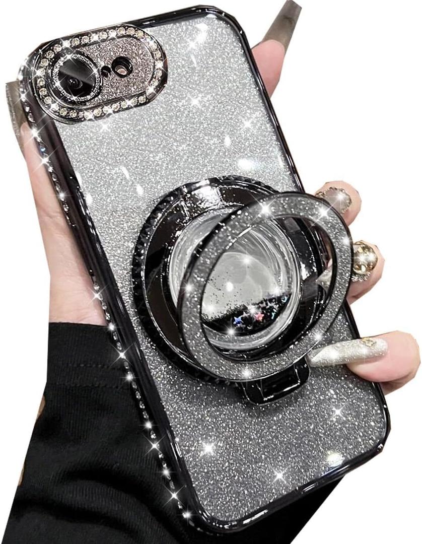 Changjia Glitter Kickstand Case for iPhone 17e/iPhone 16e,Cute Bling Sparkly Diamond Rhinestones with Camera Protector Liquid Flowing Ring Stand Soft TPU Women Girls Case for iPhone 17e/16e 6.1",Black