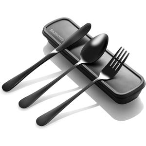 Portable Utensils Set with Case, 4pcs Stainless Steel Reusable Silverware for Lunch Camping School Picnic Workplace Travel, Lunch Box Includ Fork Spoon Knife,Easy to clean,Dishwasher Safe(Black)