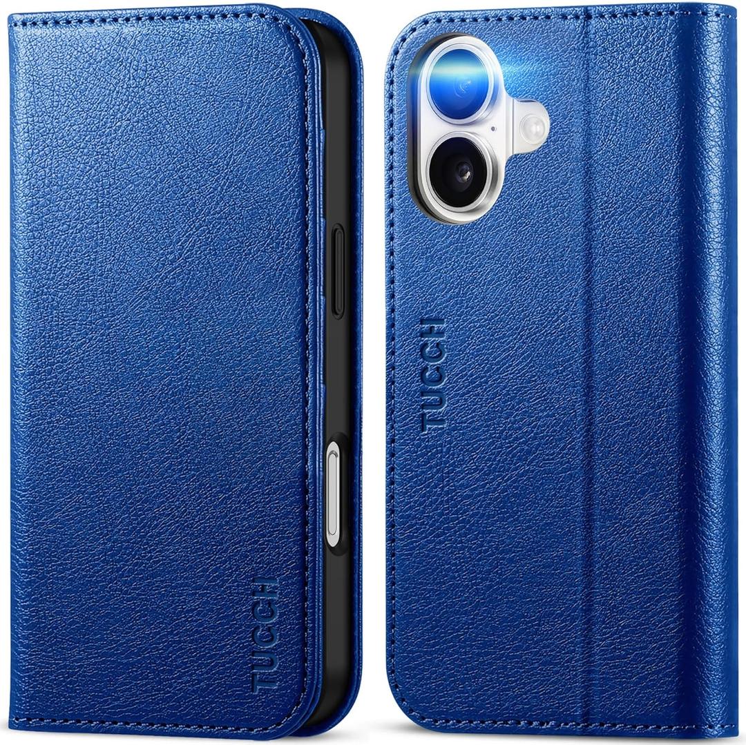 TUCCH Case for iPhone 16, PU Leather Flip Wallet Stand Folio Cover with [RFID Blocking] [3 Credit Card Slot] Shockproof [Soft TPU Interior Case] Compatible with iPhone 16 2024, Klein Blue