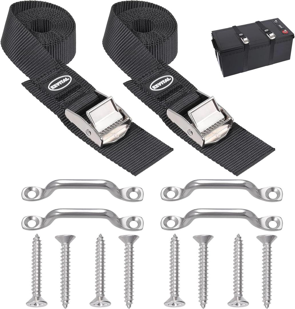 EXVITAL Battery Tie Down Strap Hold Down Kit, 1" x 48" Cooler Tie Down Kit with Non-Rusting Cam Buckle, Stainless Steel Bracket & SS Screws for RV Battery,Luggage Belt (2 Pack)