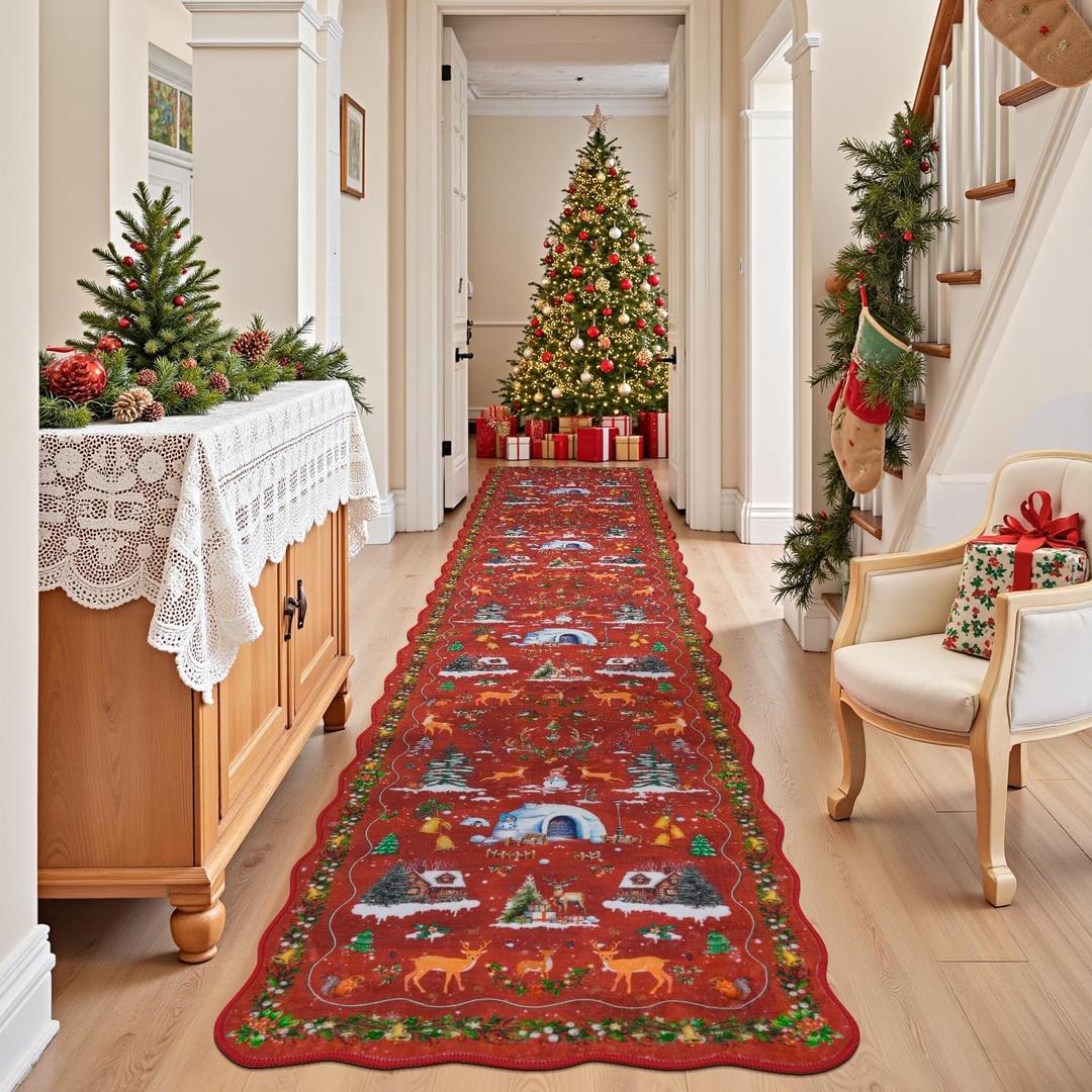 Christmas Runner Rug for Hallway 2x10, Scalloped Red Long Kitchen Runner Rugs Non Skid Washable, Soft Tree Winter Snow Xmas Floor Carpet Runners for Bedroom Entryway Balcony