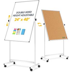 Rolling Whiteboard Corkboard Combo with Stand 24"x40", Double-Sided Mobile Dry Erase Bulletin Board on Wheels, Reversible Height Adjustable Standing Board for Home & Office