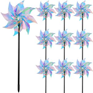 Hausse 10 Pack Reflective Pinwheels Wind Spinner, Extra Sparkly Pinwheel with Stakes, Bird Repellent Blinder Devices Deterrent to Scare Birds Away from Yard Patio Farm Garden, Transparent Rainbow