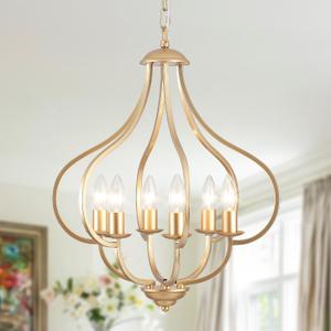 6 Lights Vintage Farmhouse Light Fixtures, Pendant Lights Kitchen Island Lighting, Modern Kitchen Light Fixtures Over Table Gold Chandelier for Dining Room Hallway Entryway Bedroom Foyer, Regular 6-lights