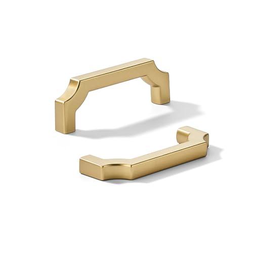 khtumeware 2-Pack 3 Inch Square Brushed Gold Cabinet Pulls, Solid Satin Gold Zinc Alloy Heavy-Duty Handles for Kitchen/Bathroom Cabinets, Drawers & Cupboards (3 Inch Center to Center)
