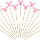 Tioncy 100 Pcs Bow Cocktail Picks Swizzle Stick Toothpicks 4.72 Inch Long Bamboo Fancy Toothpicks for Appetizers Drinks Birthday Bridal Wedding Baby Shower Bow Party Decoration(Pink)