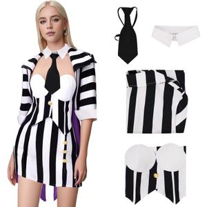 Poboola Beetle Juice Cosplay Black And White Costume Bombshell Halloween Costume For Women Striped Corset Style Gothic Dress L, X-Large