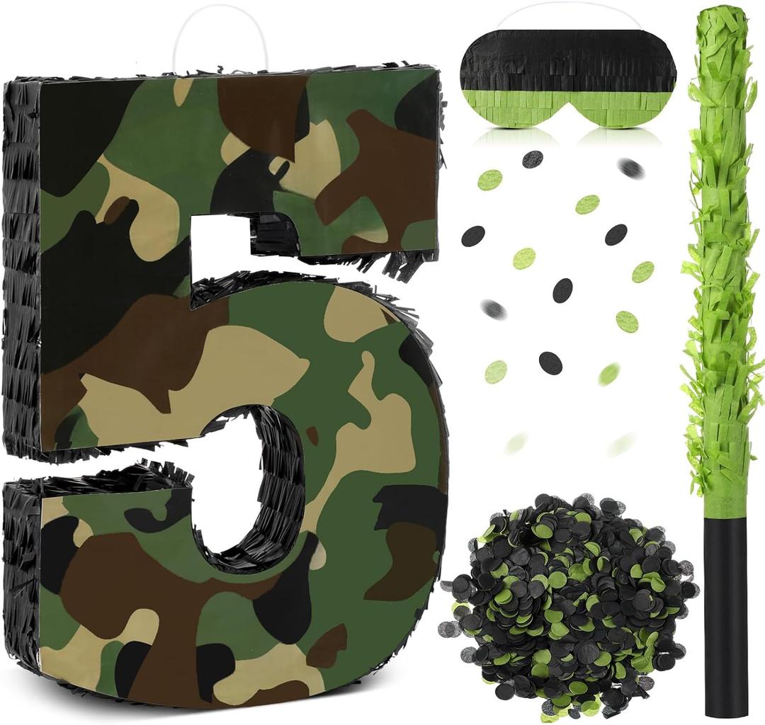 Camo Number Piñata Decorations 16 Inch Camo Birthday Party Piñata with Blindfold Stick and Confetti Set for Military Birthday Army Hunting Party Supplies Game Props(Number 5)