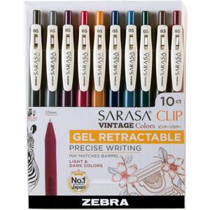 Zebra Pen Sarasa Clip Retractable Gel Pen, 0.5mm Fine Point, Light and Dark Assorted Colors, Ideal for Teacher Gifts, School Supplies and Office Supplies, 10-Pack (47510) (Neutral Vintage C)