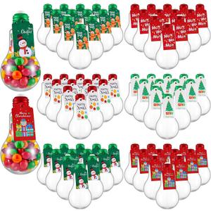 Tessco for you 48 Pcs Christmas Fillable Light Bulb Ornaments, 3.4 oz 100 ml Clear Plastic Light Bulb Jars with Cards & String for DIY Crafts, Candy, Juice, Xmas Tree Decoration, Party Favors