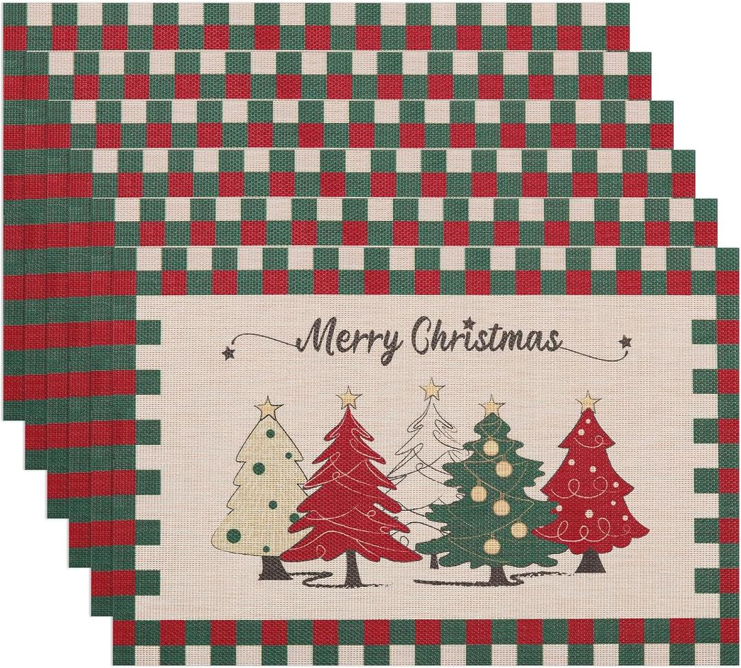 Christmas Placemats are with Classic Christmas Elements Red Green Buffalo Plaid and Xmas Trees Designed, Washable Non-Slip Heatproof Woven Placemats Set of 6 (Light Yellow2)