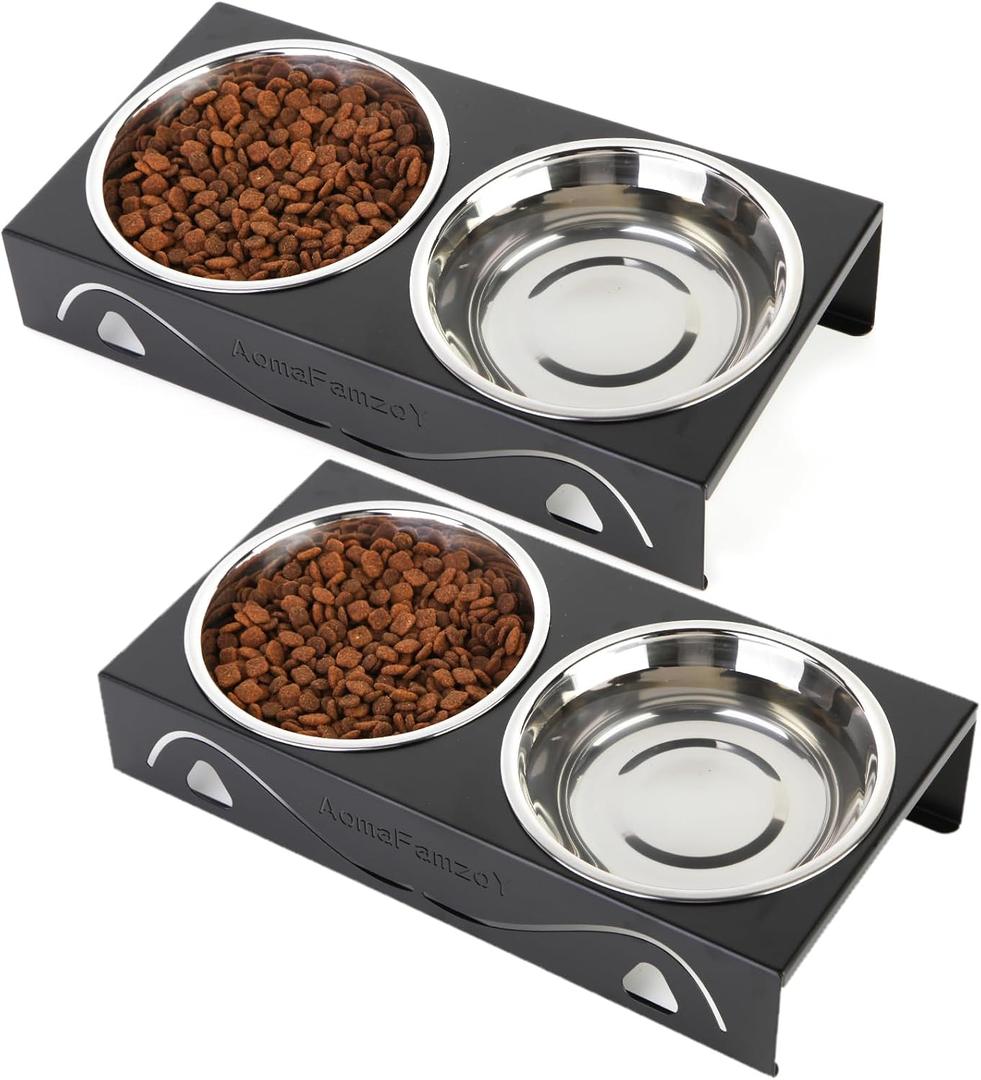 2 Pack Cat Food Bowls - Indoor Set with Metal Stand,5 Tilted Anti Vomiting Wide Raised Pet Dish,Cute Elevated Cat Feeding Station for Food Water, 4 Stainless Steel Bowls for Multiple Kitten,Puppy