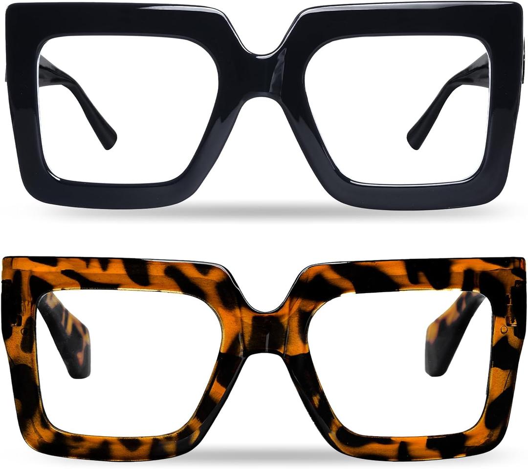 hoyuwak 2PCS Oversized Square Blue Light Glasses Big Frame Computer Eyewear Thick Fashion Clear Glasses for Women Fashion