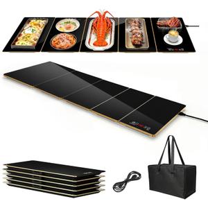 Electric Warming Tray XXXL 44"x16" with Storage Bag, AdjustableSize Food Warming Mat, 5in1 Expandable Modular, Food Warmer for Parties, Buffet, Catering & Gathering, 8Level Temp & Timer, Gold Edge