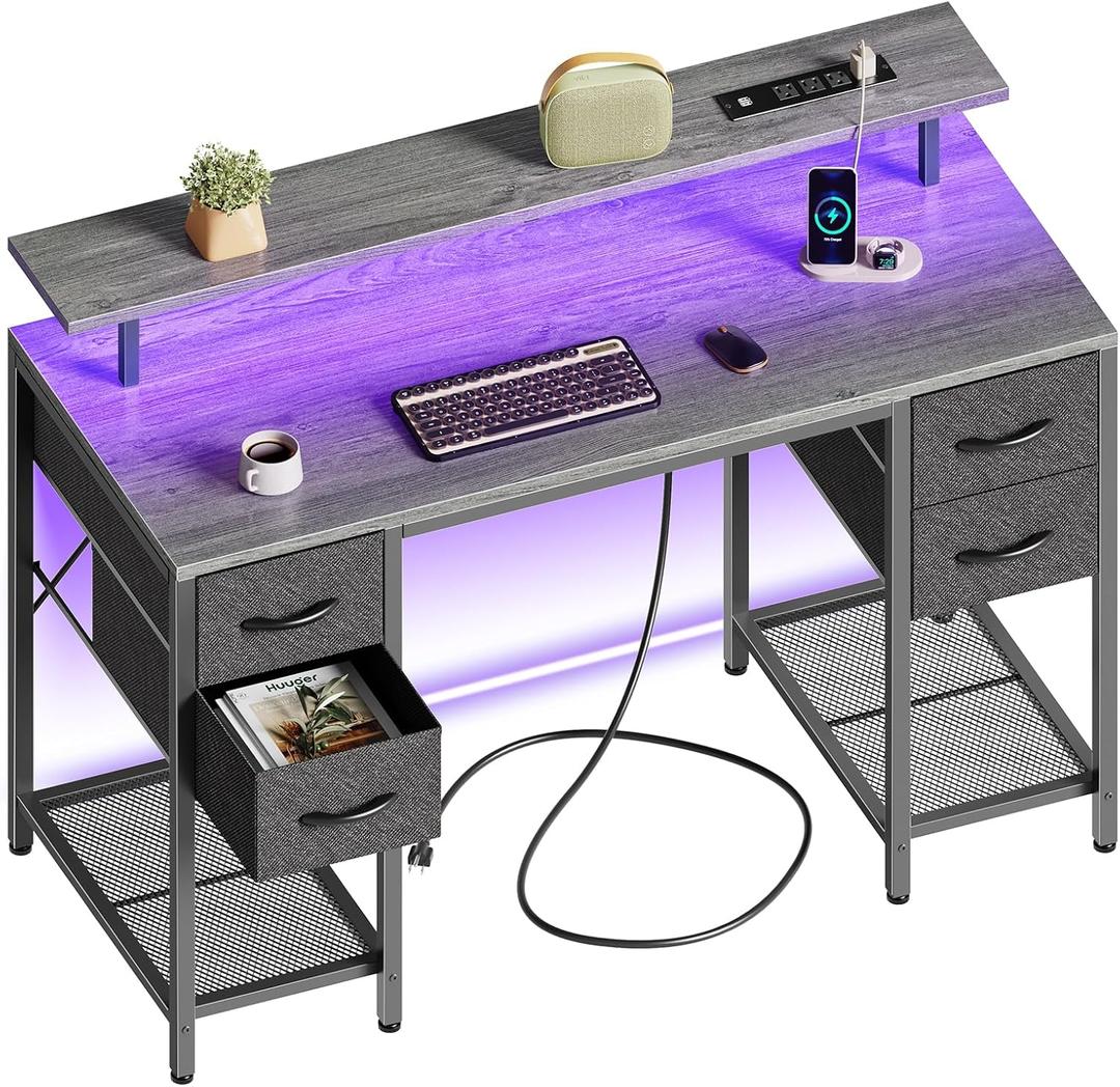 Huuger 47 inch Computer Desk with 4 Drawers, Gaming Desk with LED Lights & Power Outlets, Home Office Desk with Large Storage Space for Bedroom, Work from Home, Grey