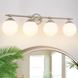 4-Light Nickel Bathroom Vanity Light Fixtures with White Glass Shade,  Sand Nickel