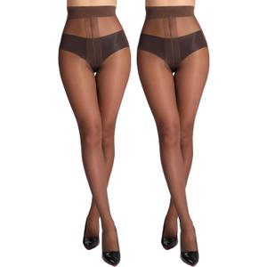 MERYLURE 20D Sheer Black Tights for Women, T-Crotch Ultra Thin Pantyhose High Waist Stockings Reinforced Toes 2 Pairs (Small, Coffee)