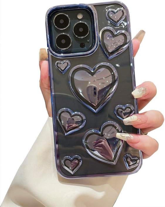 Compatible with iPhone 14 Pro Max Case Clear Glitter 3D Love Hearts Cute Girly Design Slim Protective Transparent Cover for Women Girl Sparkly Bling Chrome Edge Soft TPU Electroplated Glossy Blue