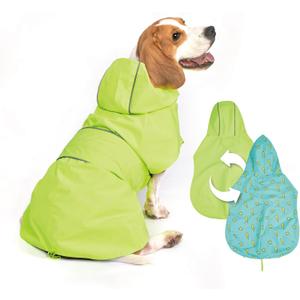 Dog Raincoat Reversible, Single Side Slicker Poncho Adjustable Waterproof Dog Rain Jacket with Leash Hole/Reflective Stripe Hooded Snowproof Windproof Clothes , S (Neon Green)